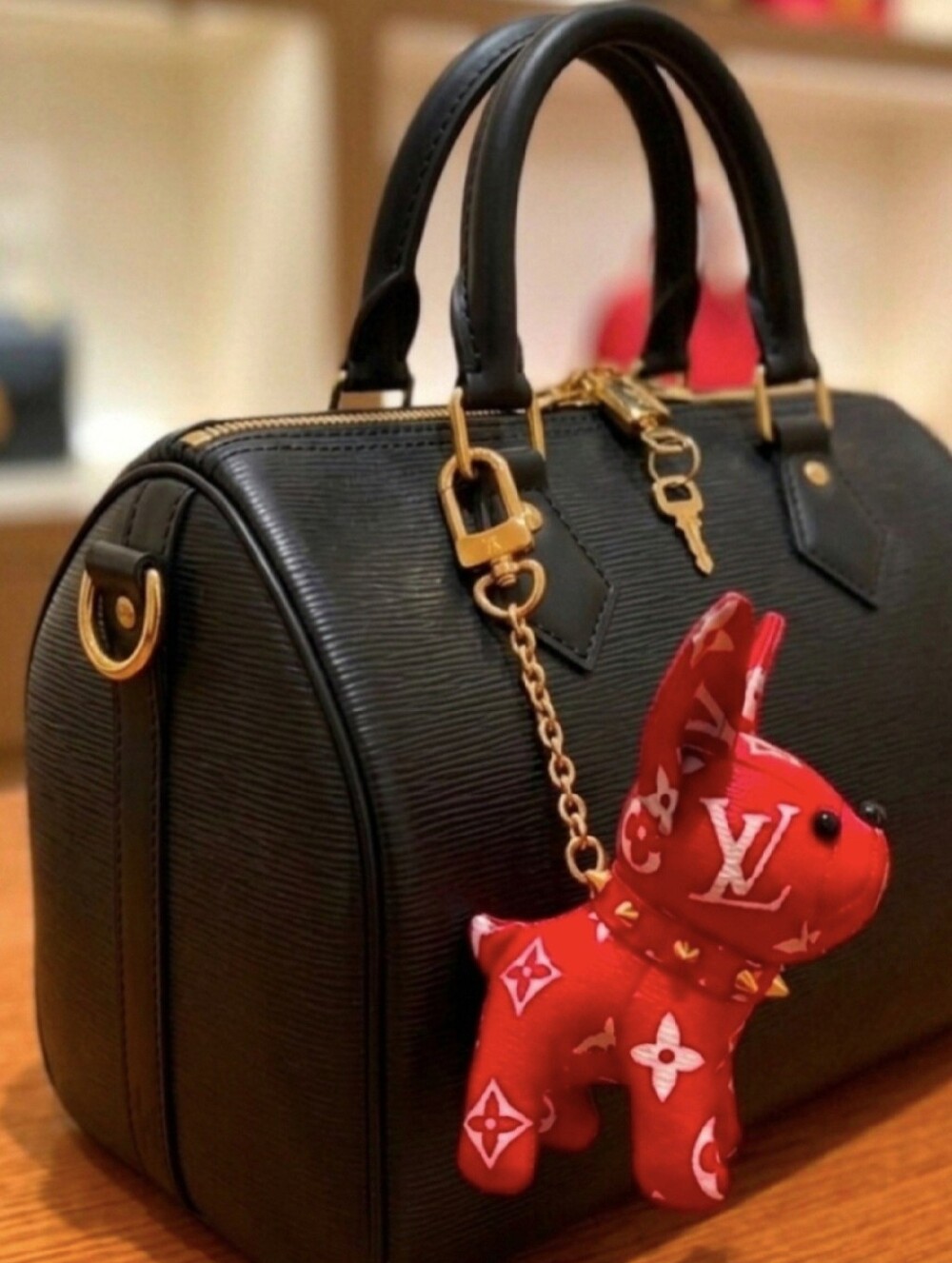 Red Monogram Bully Dog Bag Charm